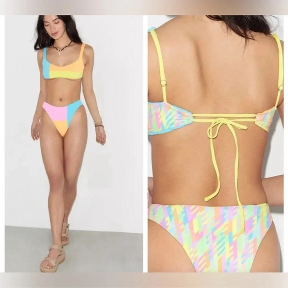 NWT OneOne Swimwear SET Bikini Cockatoo Anastasia Lourdes Colorblock Yellow Pink - Picture 15 of 16